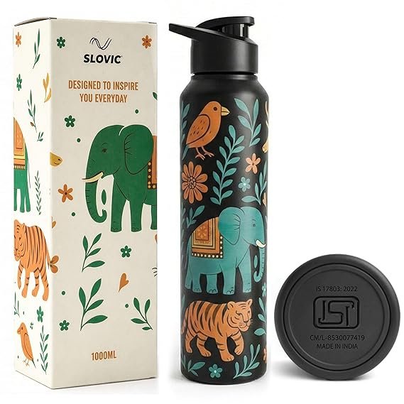 SLOVIC Steel Water Bottle 1 LTR | Travel Design Fridge Water Bottle | 100% BPA Free & Leak-Proof