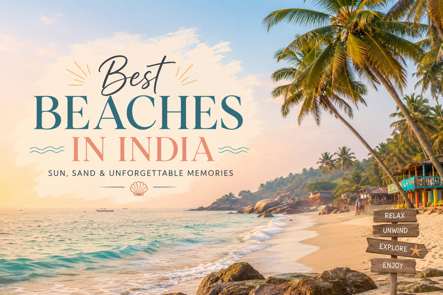 Best beaches in India with a tropical beach, palm trees, clear blue water, and sandy coastline.