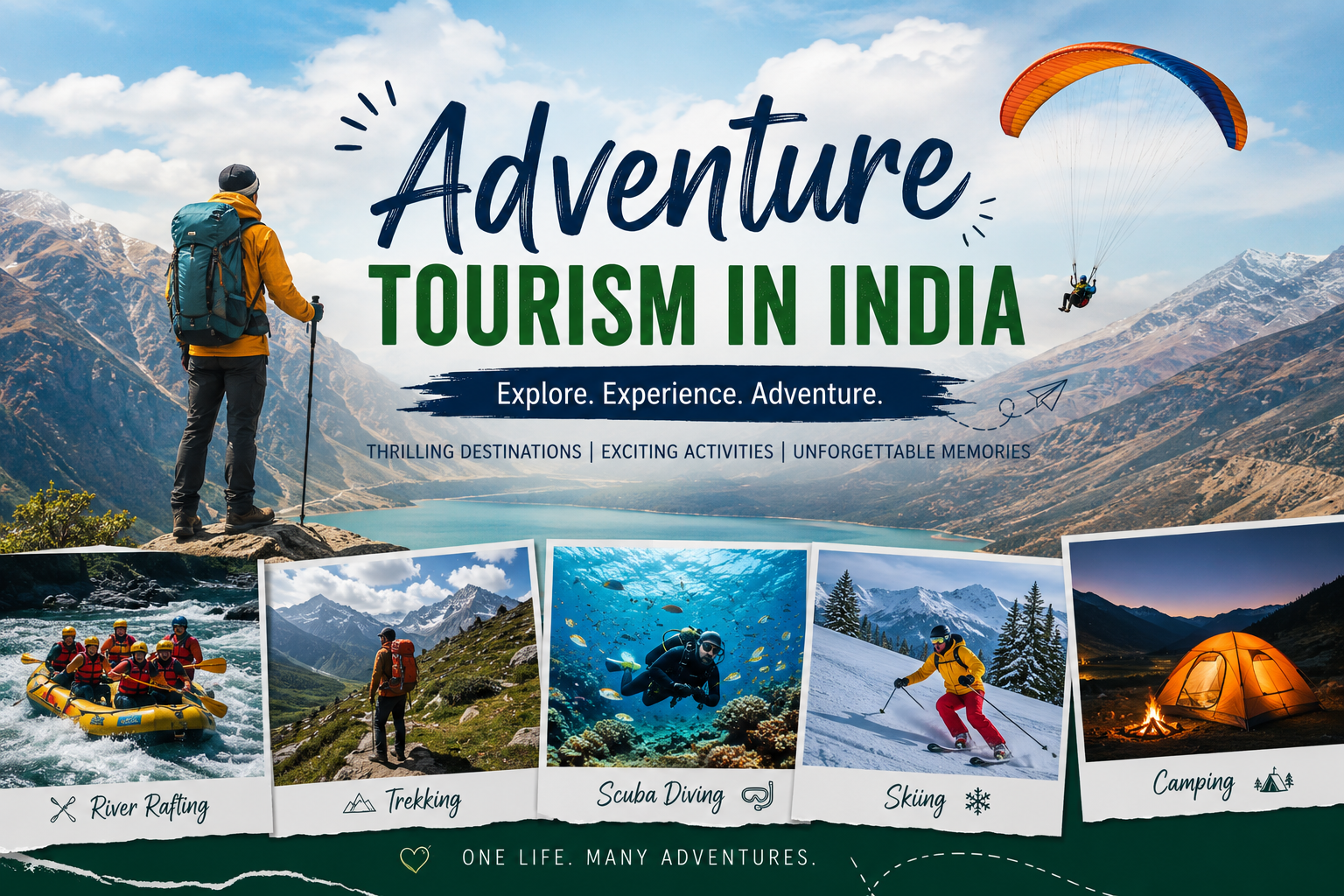 Adventure tourism in India featuring a mountain landscape, hiker, paraglider, and scenes of river rafting, trekking, scuba diving, skiing, and camping.